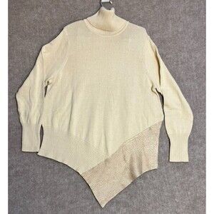 DuJour Women’s Sweater XL Cream Gold Asymmetric Hem Mock‎ Neck Neutral